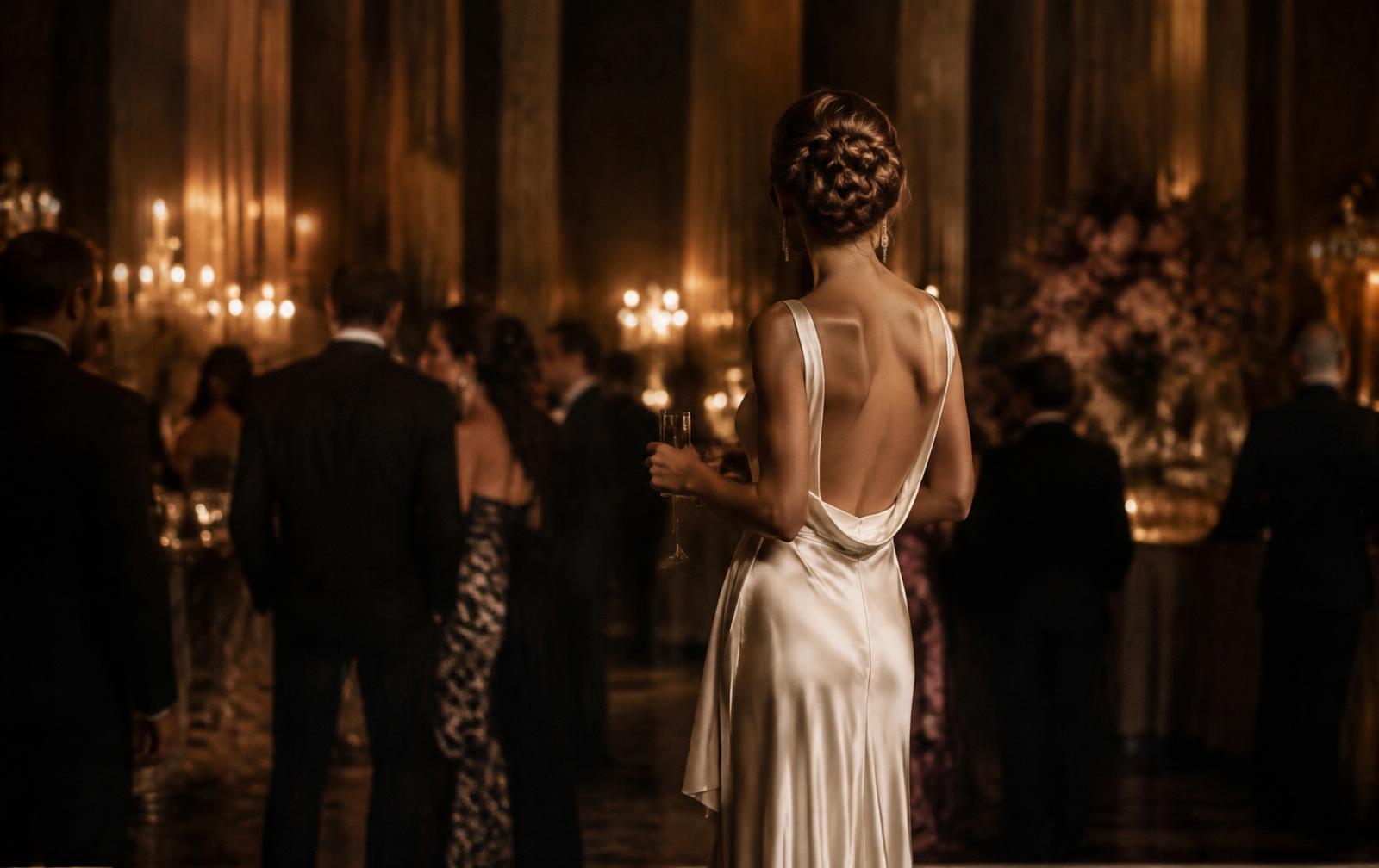 A woman in an ivory gown at a candlelit gala